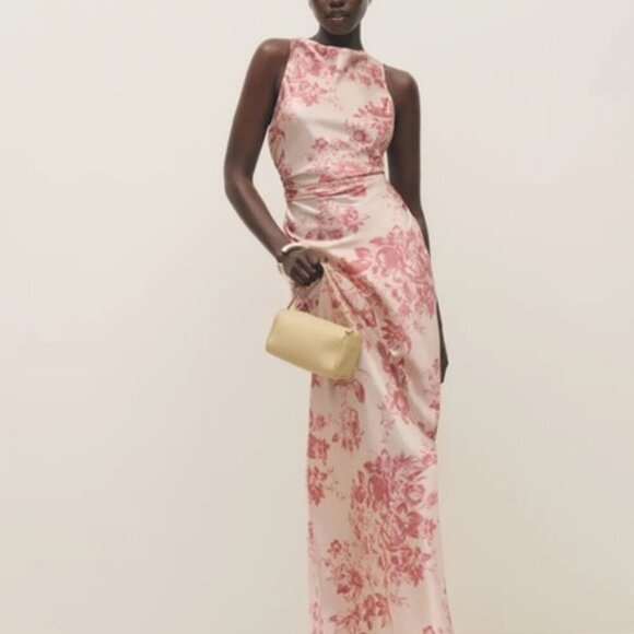 NEW Reformation Anaiis Long Silk Dress Cameo Rose Pink Cream Floral | size 0 - Picture 5 of 12